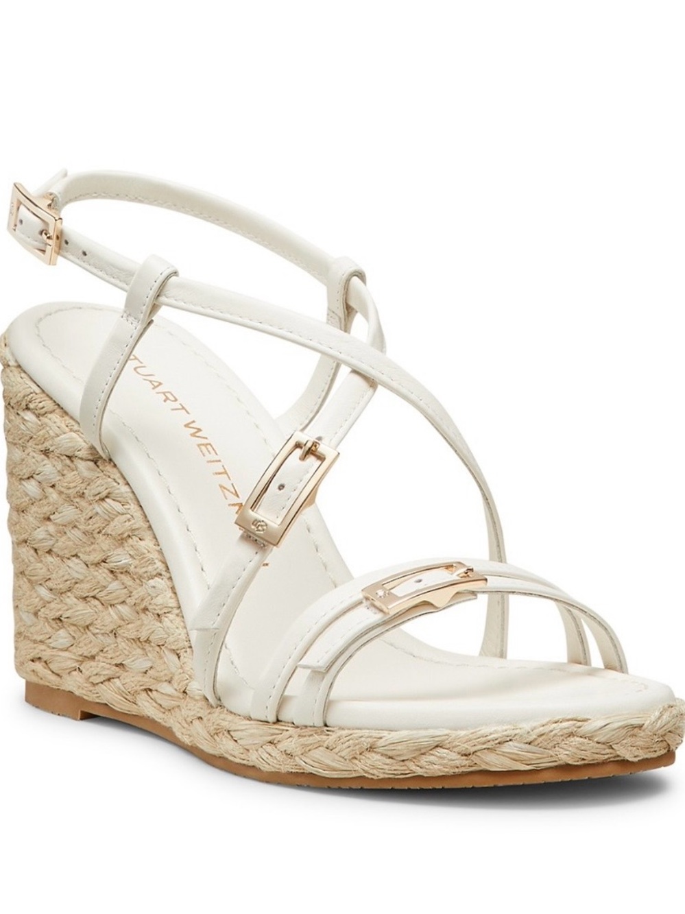 Stuart Weitzman White Leather Espadrille Wedge Sandals